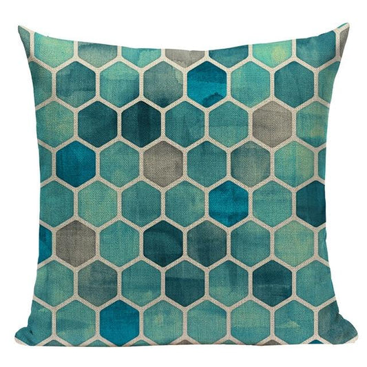 Drak Green Hexagon Pattern Print Linen Cushion