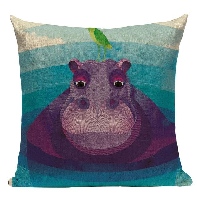 Cartoon Hippo Print Linen Cushion