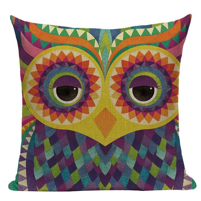 Cartoon Owl Pattern Print Linen Cushion