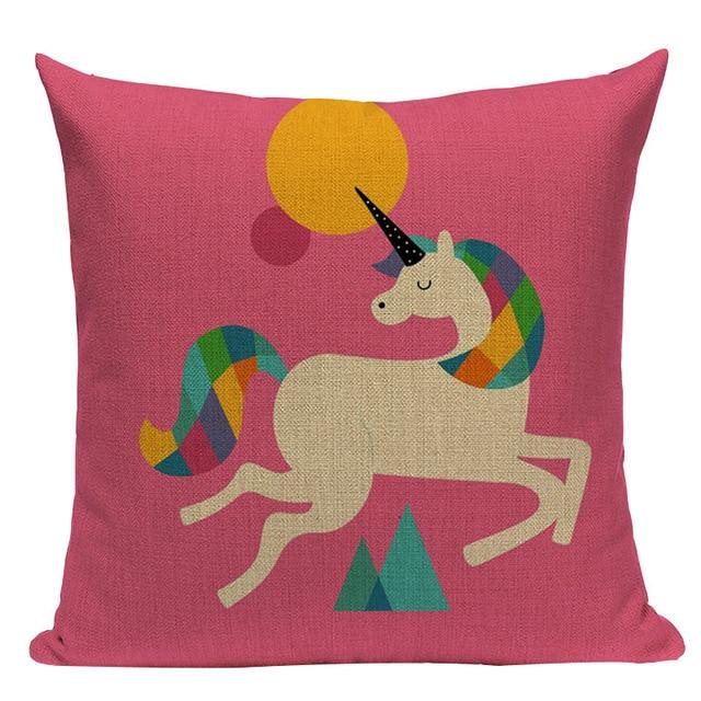 Cartoon Unicorn Print Linen Cushion Pink