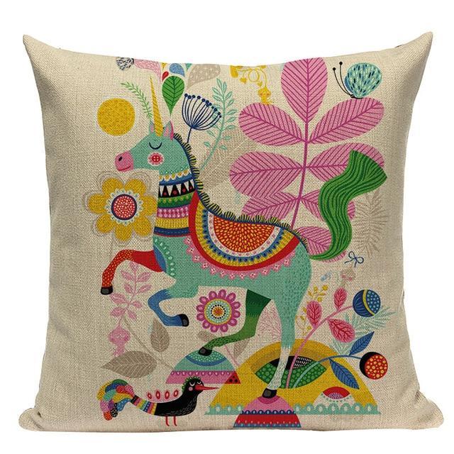 Colorful Watercolor Unicorn Print Linen Cushion