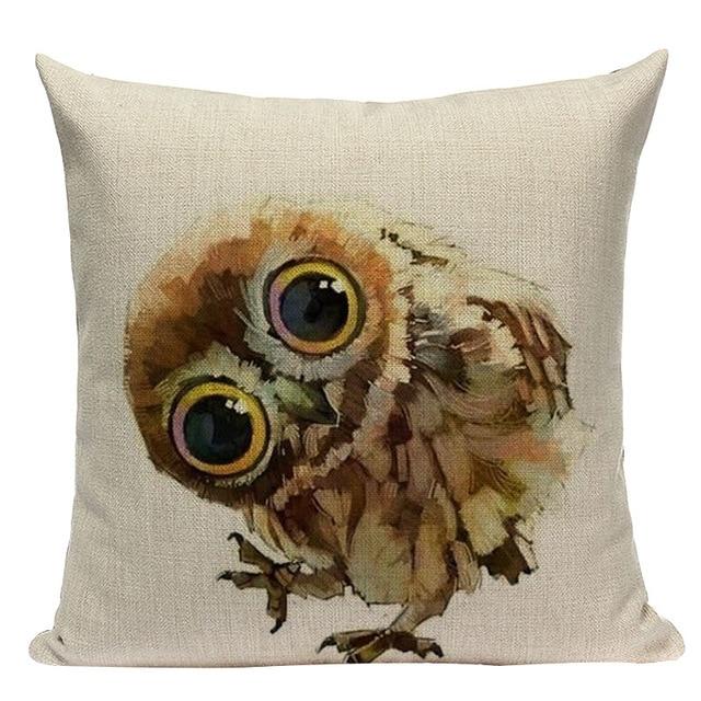 Cartoon Brown Owl Print Linen Cushion