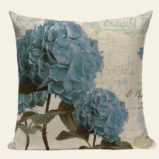 Blue Hydrangea Flower Print Linen Cushion