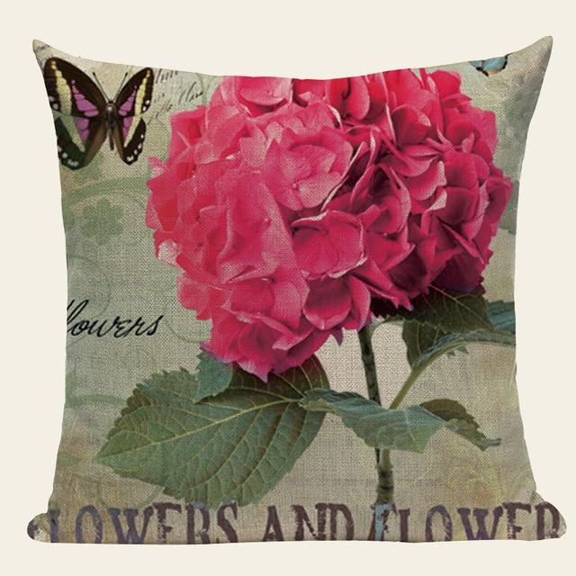 Red Hydrangea Print Linen Cushion