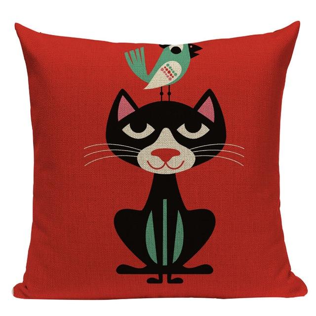 Black Cat Bird Print Linen Cushion Red