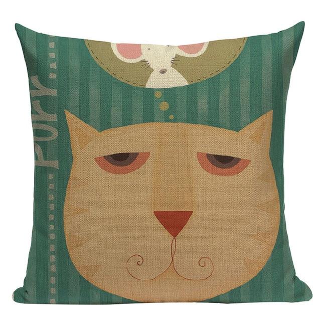 Big Fat Cat Print Linen Cushion Green