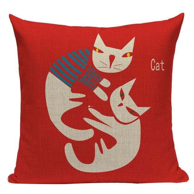White Cat Baby Cat Print Linen Cushion Red