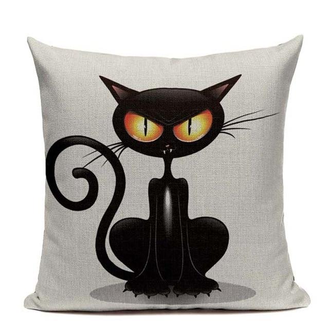Angry Black Cat Print Linen Cushion White