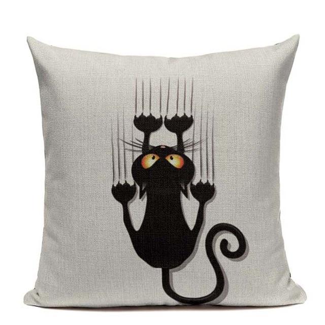 Naughty Black Cat Print Linen Cushion