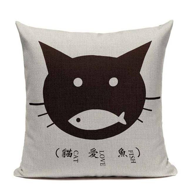 Black Face Cat Print Linen Cushion White