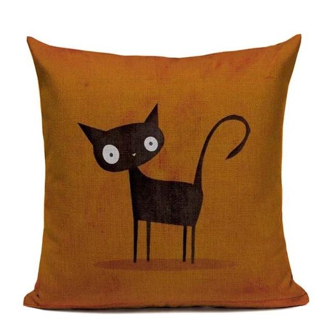 Black Cat Print Linen Cushion Brown