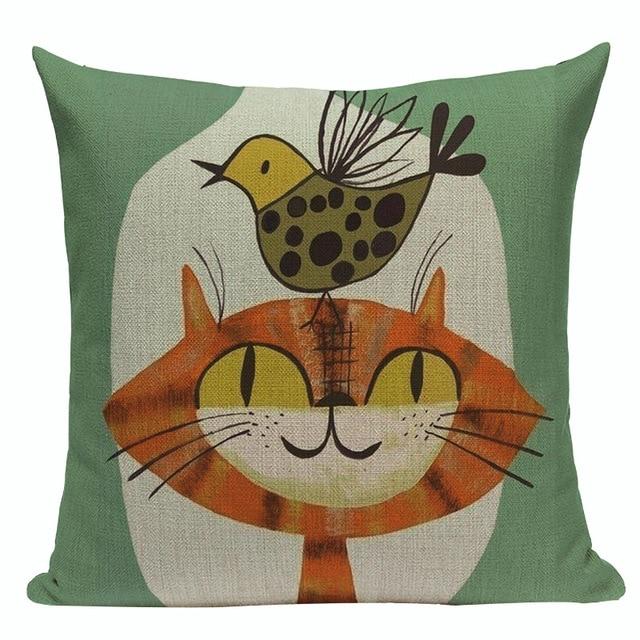 Cartoon Orange Cat Print Linen Cushion