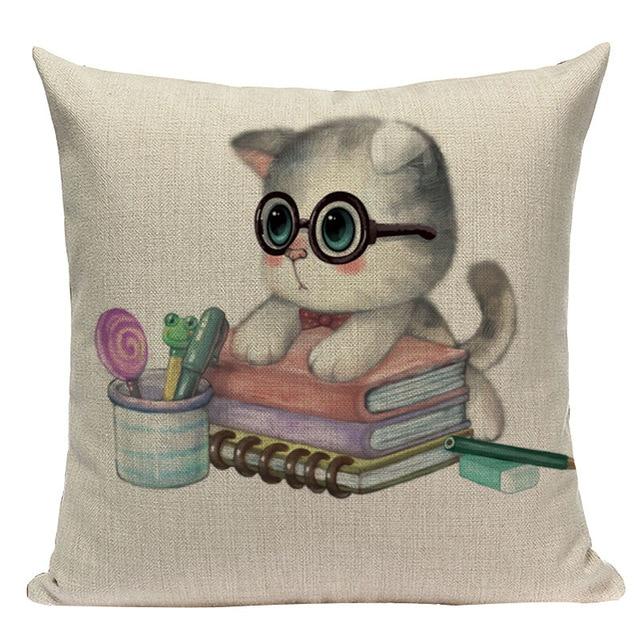 Cubby Cat Print Linen Cushion