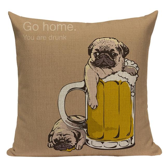 Cartoon Pug Dog Print Linen Cushion Light Brown