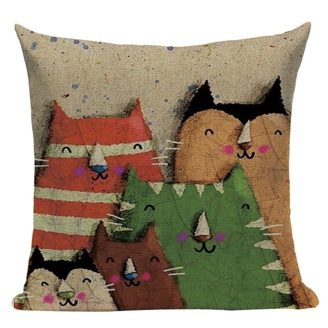 Family Colorful Cat Print Linen Cushion
