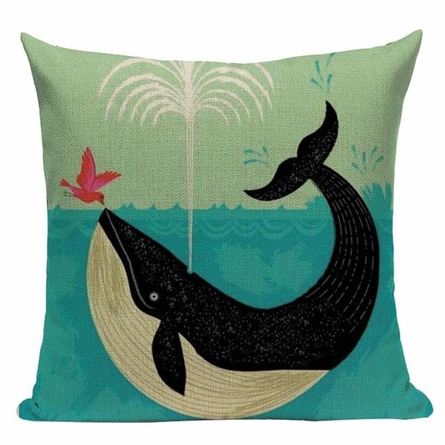 Whale Print Linen Cushion  Blue